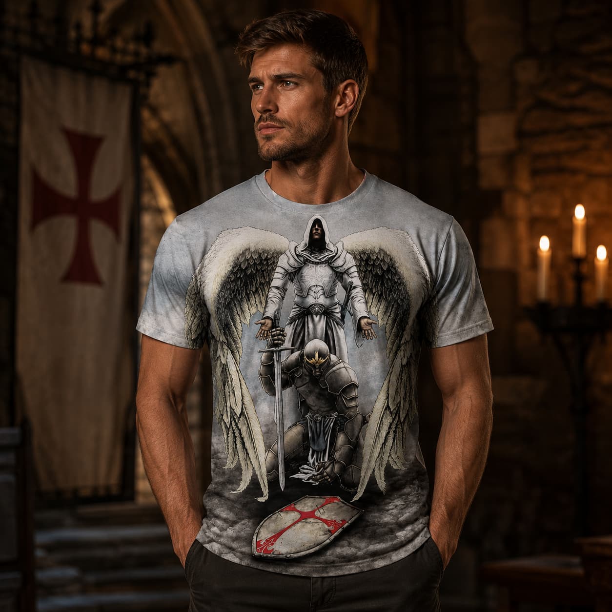 T-Shirt Protection de l’Archange en polyester et spandex porté par un homme dans une salle médiévale sombre.