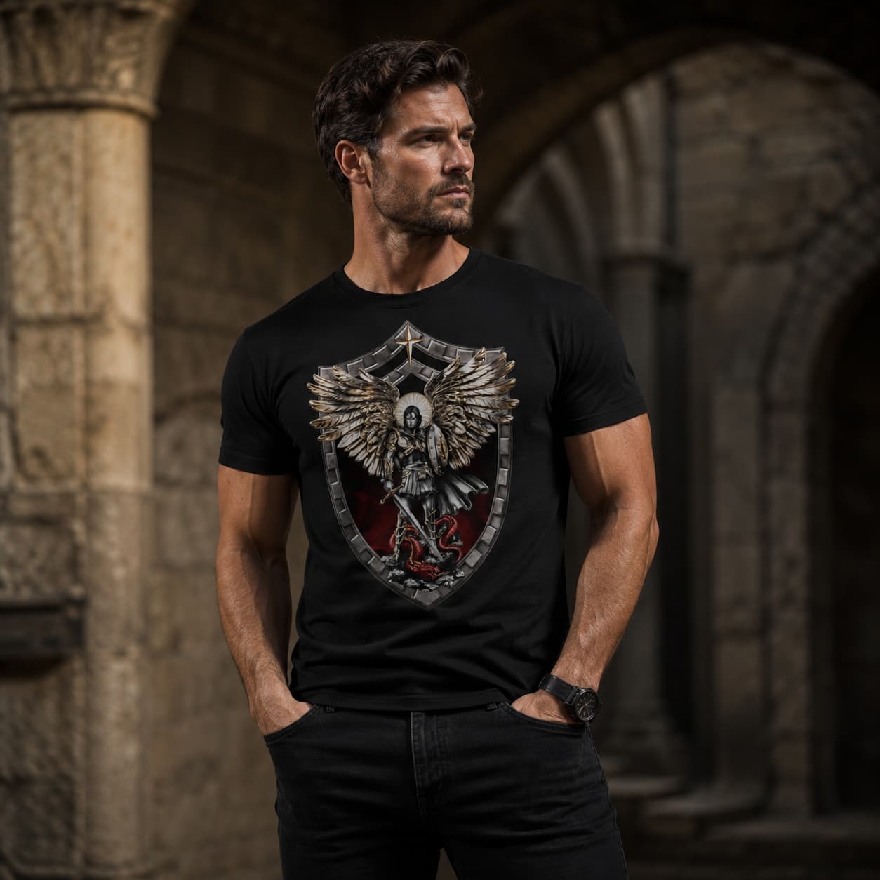 Homme portant le T-Shirt Saint Michel Vainqueur du Dragon en coton noir dans une ambiance médiévale en pierre.