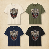 Variantes du T-Shirt Saint Michel Vainqueur du Dragon en coton natural, vert militaire, bleu navy et noir sur fond parchemin.