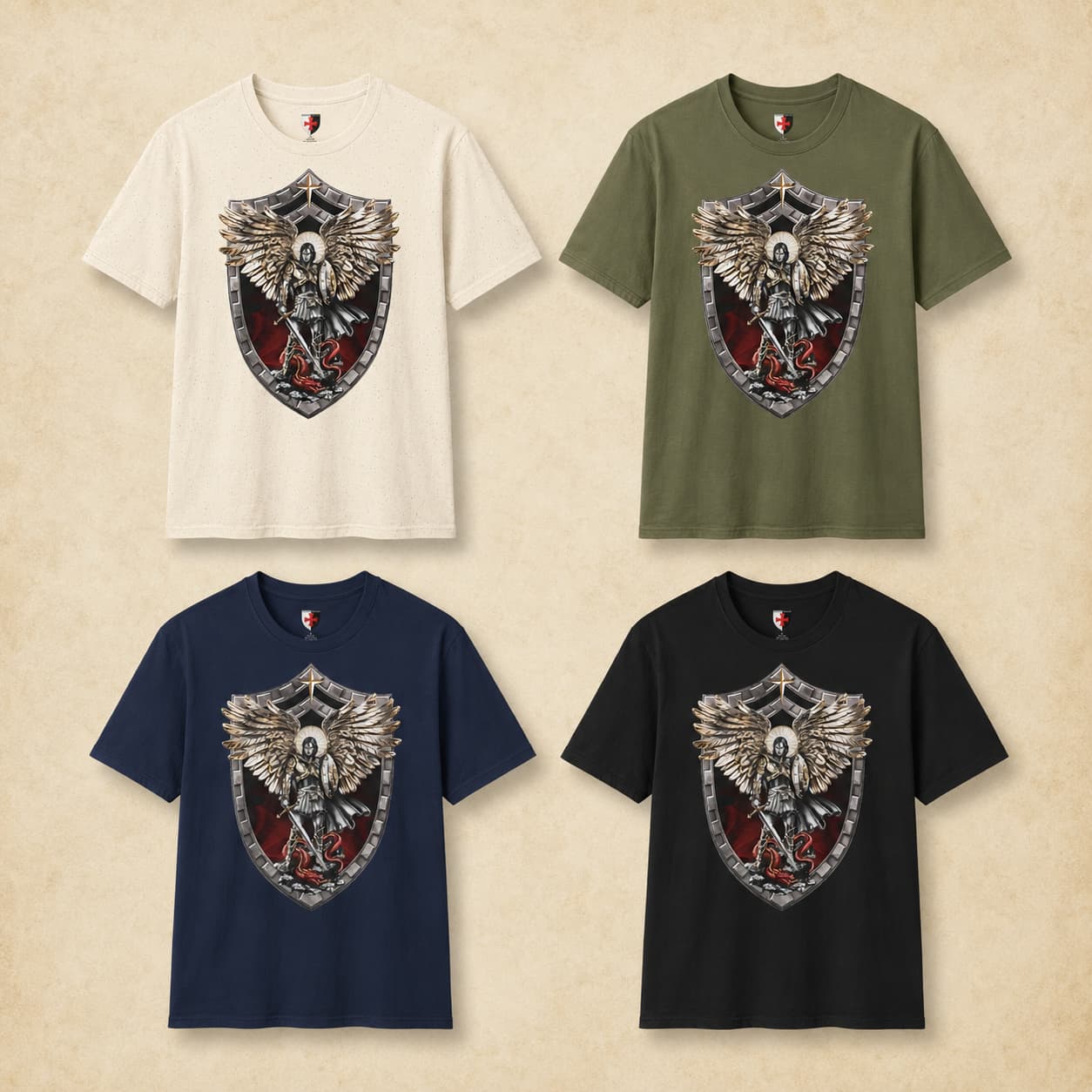 Variantes du T-Shirt Saint Michel Vainqueur du Dragon en coton natural, vert militaire, bleu navy et noir sur fond parchemin.