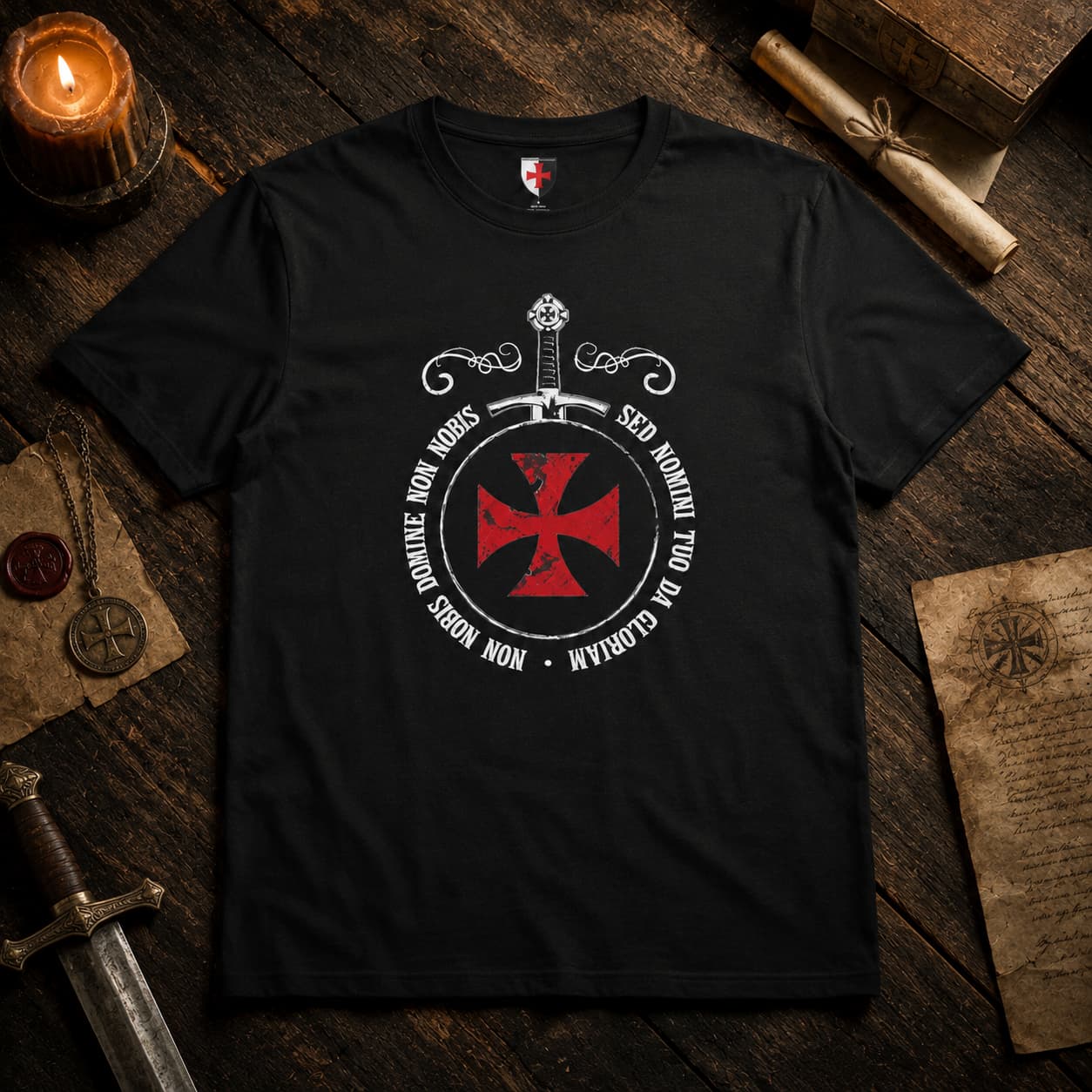 T-Shirt Sceau des Croisés en coton noir présenté dans une ambiance médiévale avec bois ancien, parchemin et lumière de bougie.