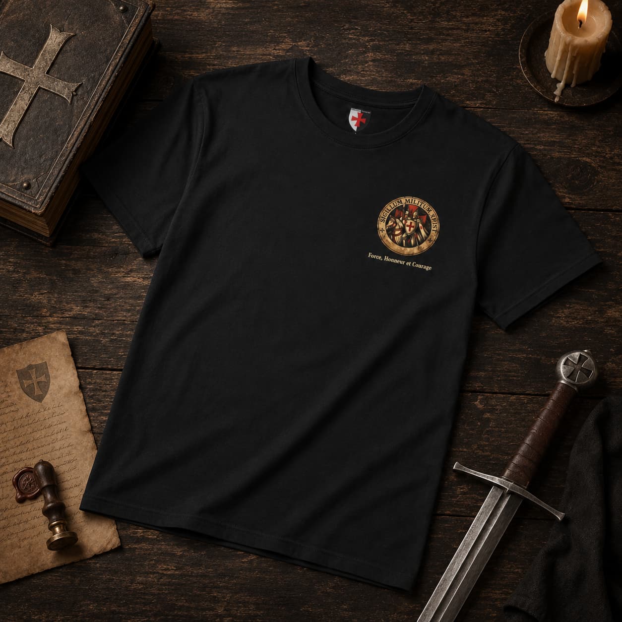 T-Shirt Le Sceau des Templiers en coton noir présenté sur table en bois ancien avec bougie, parchemin et épée.