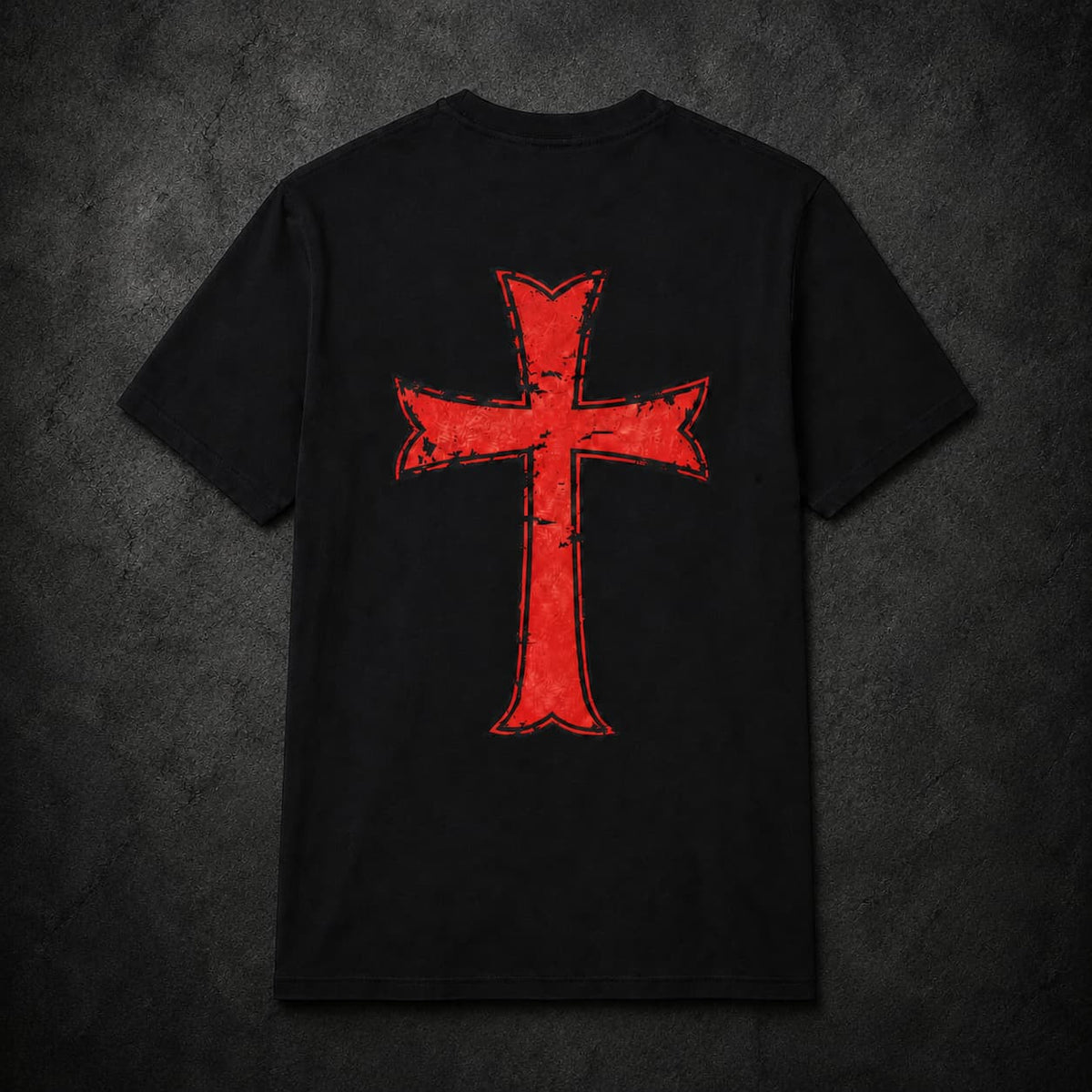 Dos du T-Shirt Le Sceau des Templiers en coton noir avec grande croix rouge médiévale.
