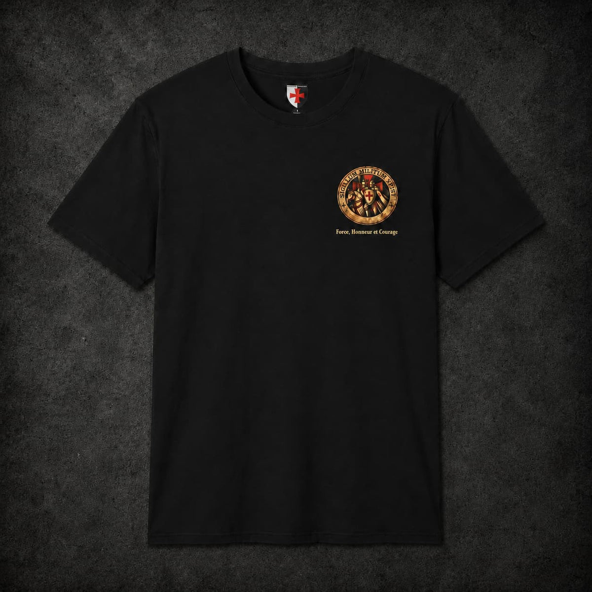 T-Shirt Le Sceau des Templiers en coton noir avec emblème chevaleresque et devise Force, Honneur et Courage.