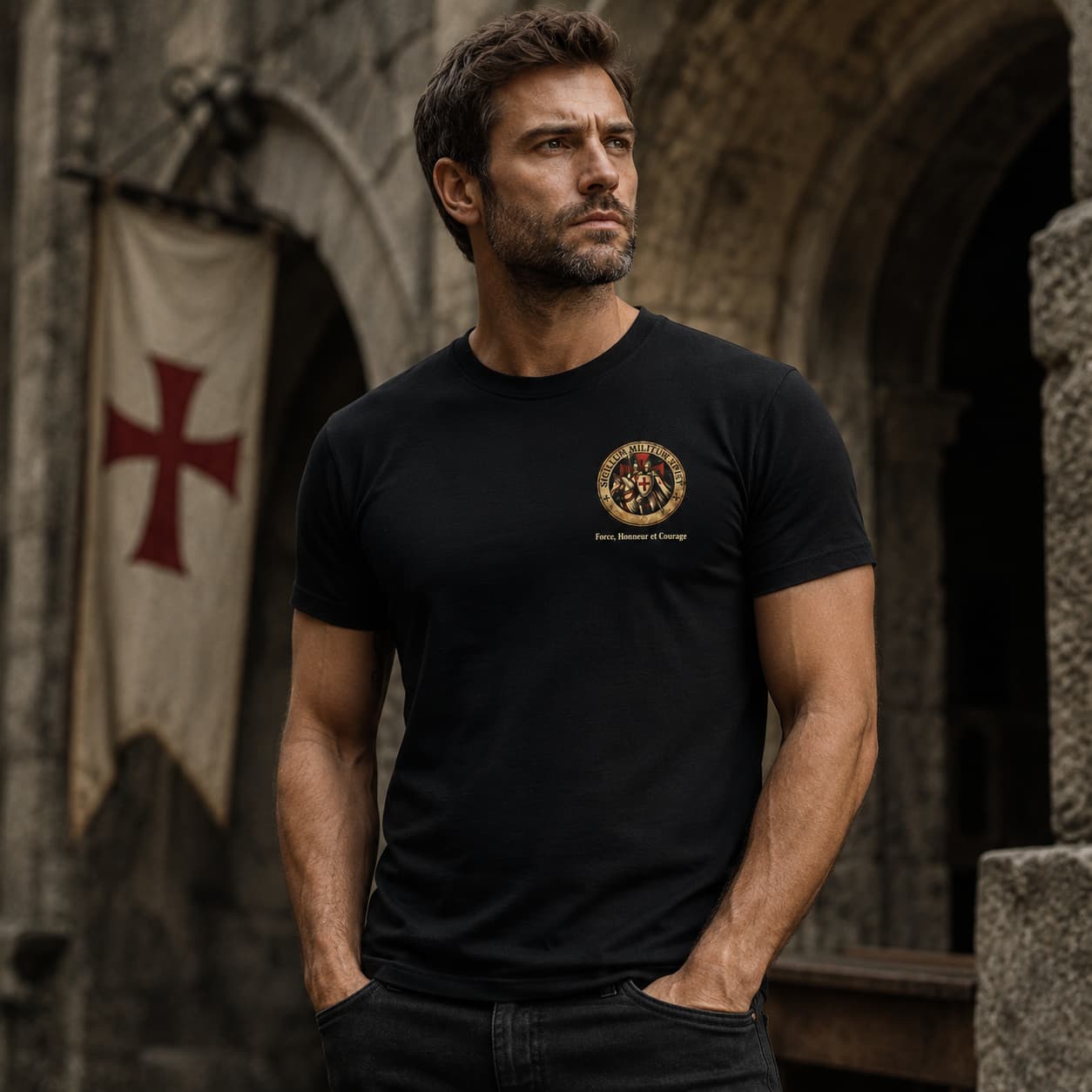 T-Shirt Le Sceau des Templiers en coton noir porté par un homme dans une ambiance médiévale.