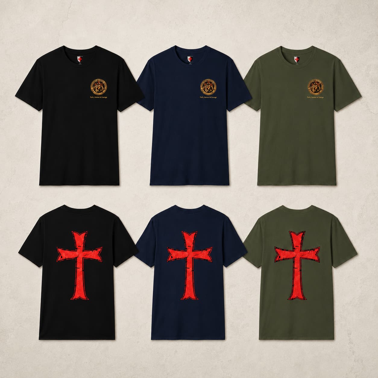 Variantes du T-Shirt Le Sceau des Templiers en coton en noir, bleu navy et vert militaire avec visuel face et dos.