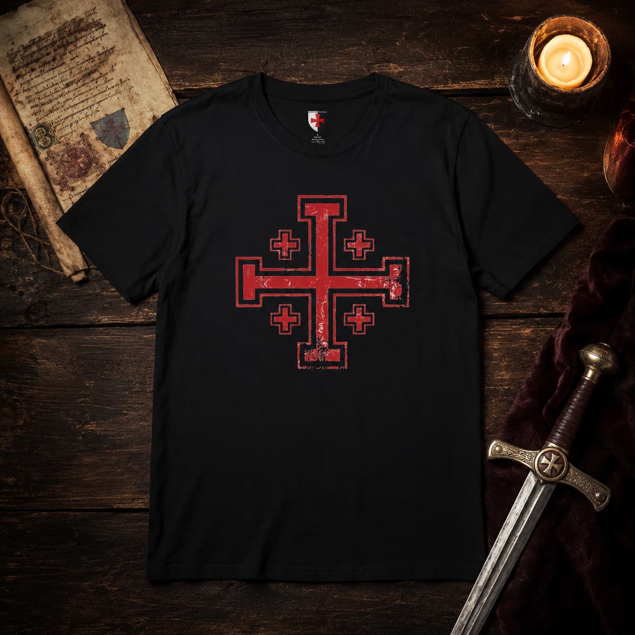 T-Shirt Sceau du Saint Sépulcre en coton noir posé sur bois ancien avec parchemin, bougie et épée médiévale.