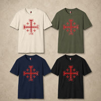 Variantes couleur du T-Shirt Sceau du Saint Sépulcre en coton avec croix de Jérusalem rouge sur fond pierre claire.