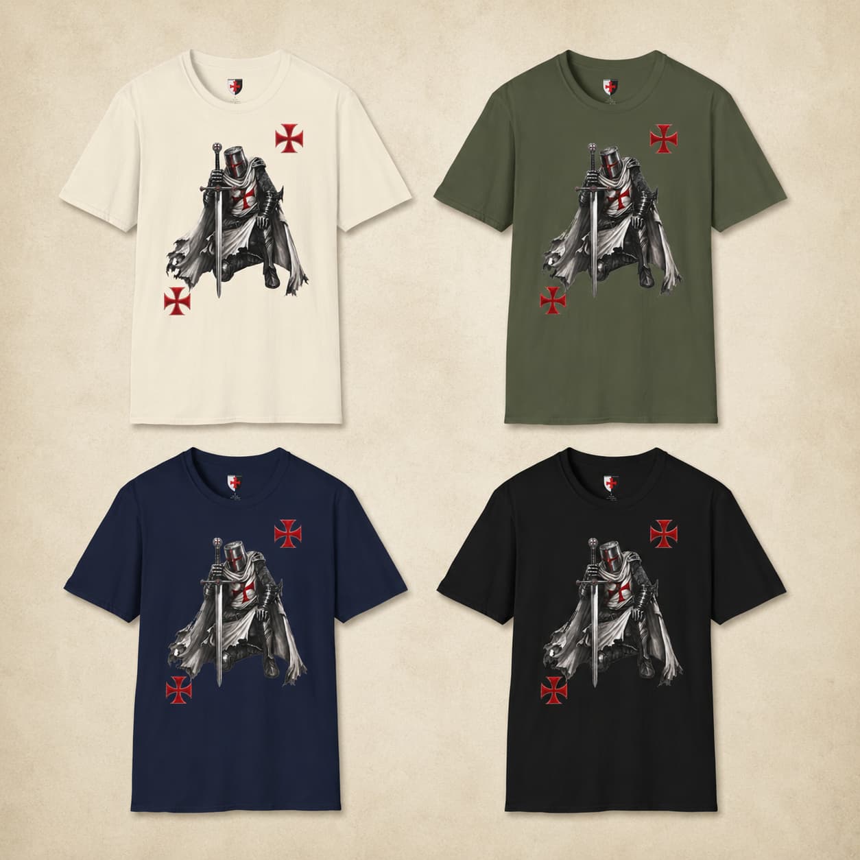 T-Shirt Serment du Chevalier en coton disponible en noir, bleu marine, vert militaire et écru naturel.
