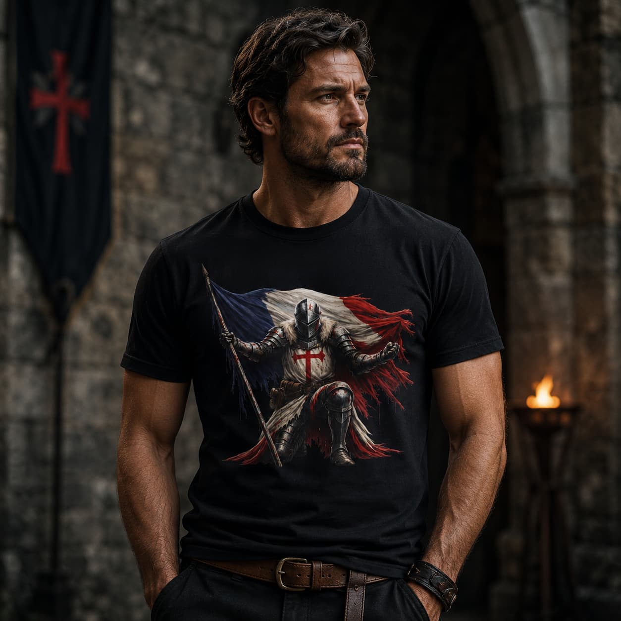 T-shirt Templier Éternel en coton noir porté par un homme dans une ambiance médiévale sombre.