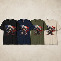 Variantes du T-shirt Templier Éternel en coton en noir, bleu navy, vert militaire et natural.