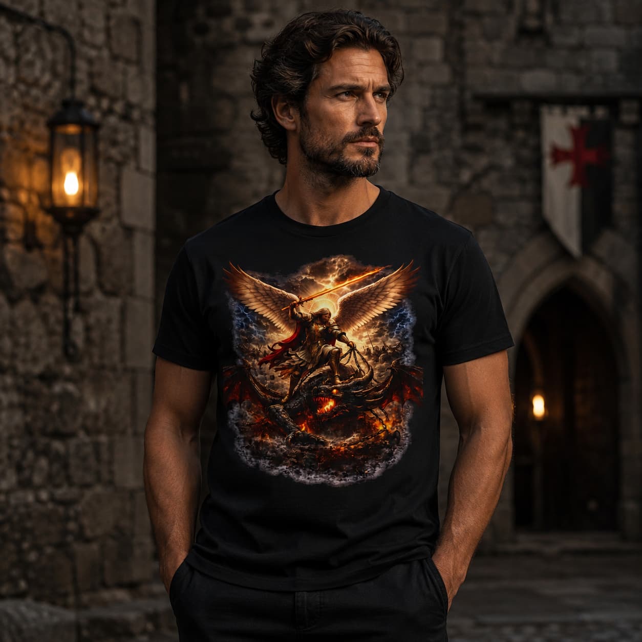T-Shirt Victoire Céleste en coton noir porté par un homme dans une ambiance de château médiéval.