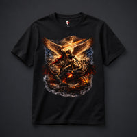 T-Shirt Victoire Céleste en coton noir avec archange ailé combattant un dragon.