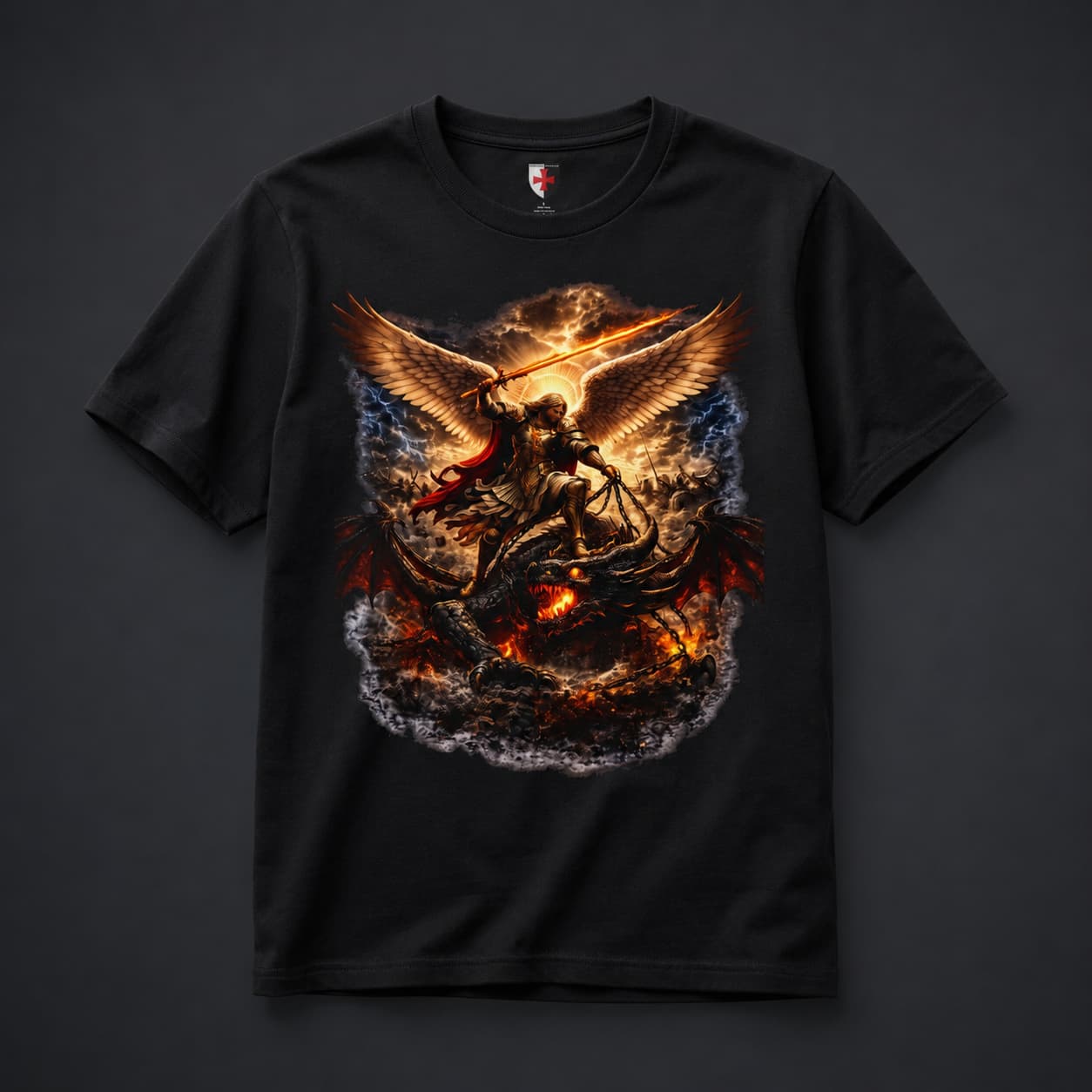 T-Shirt Victoire Céleste en coton noir avec archange ailé combattant un dragon.