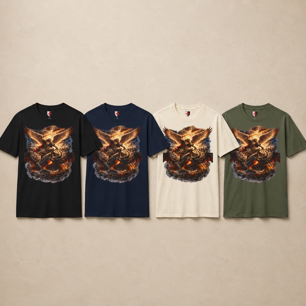 Variantes du T-Shirt Victoire Céleste en coton en noir, bleu navy, natural et vert militaire.