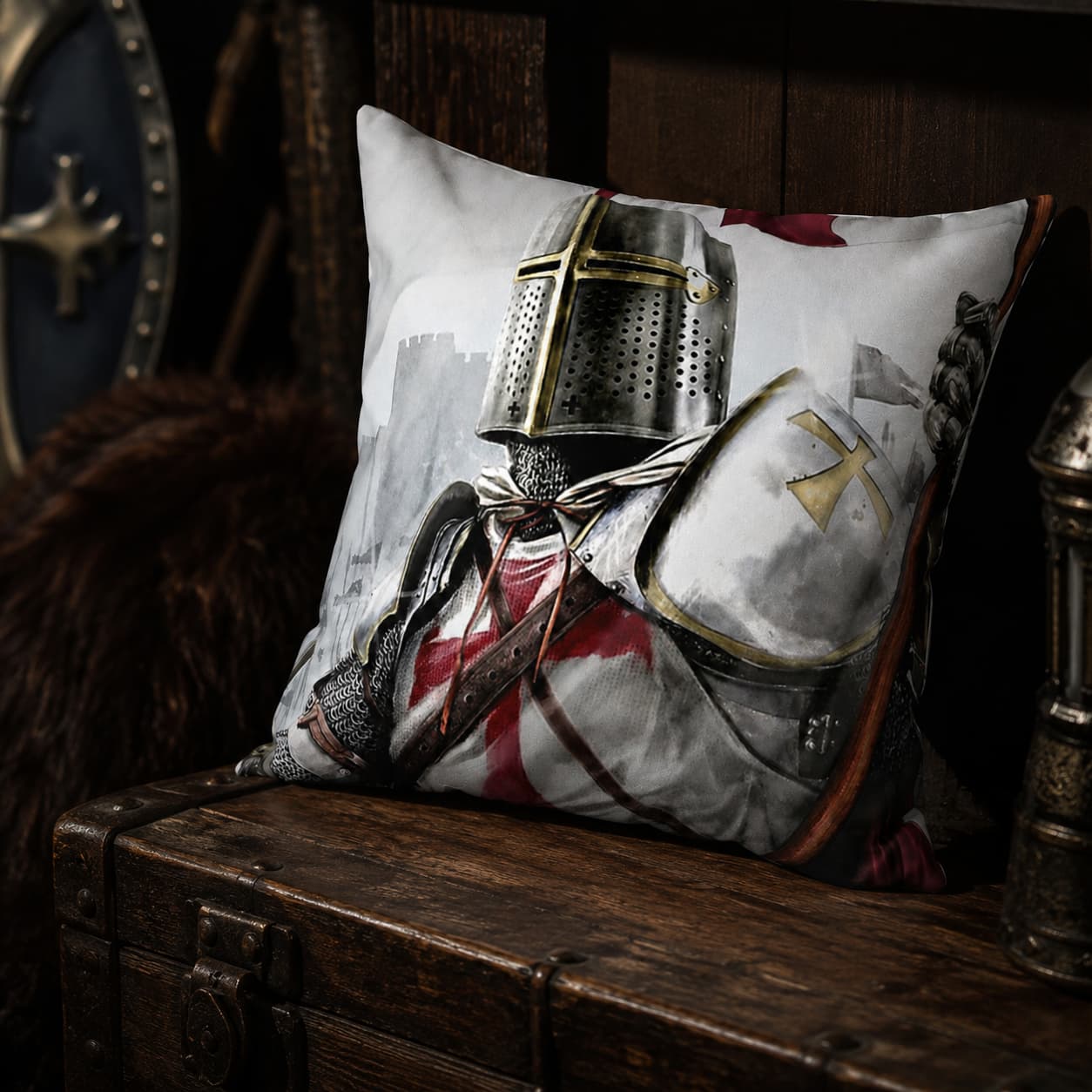 Taie d’Oreiller Bannière Templière en polyester vue en angle sur coffre en bois ancien.