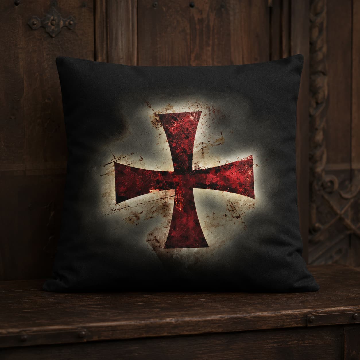 Taie d’Oreiller Croix Templier en polyester noire avec croix rouge usée sur bois ancien.