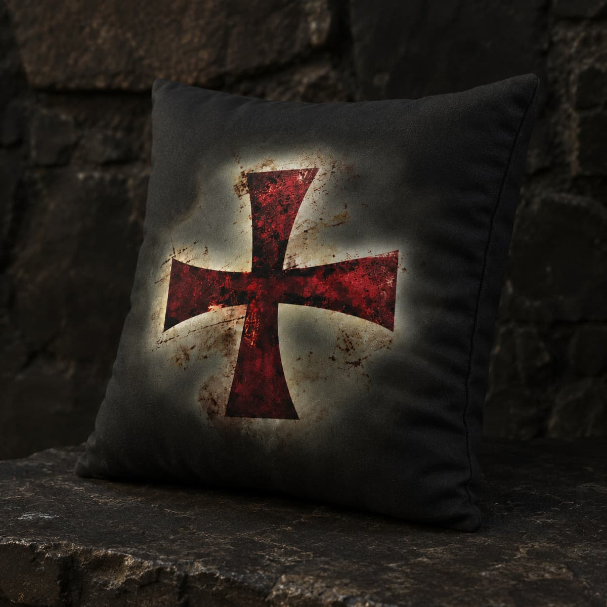 Taie d’Oreiller Croix Templier en polyester vue en angle avec croix rouge sur fond de pierre sombre.