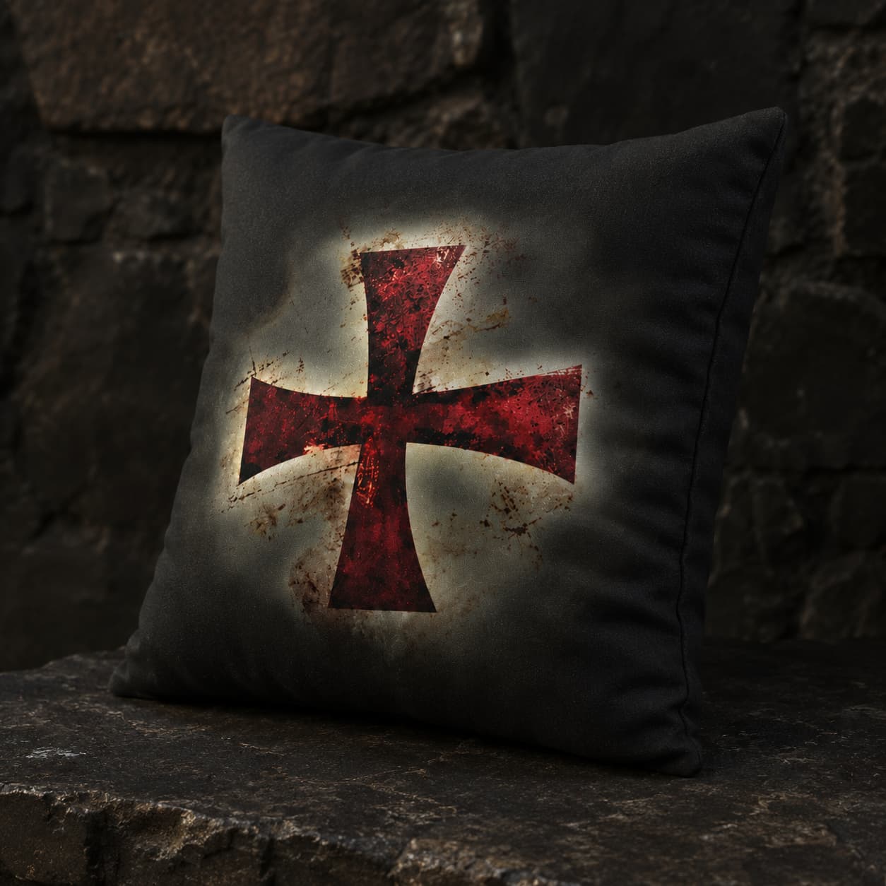 Taie d’Oreiller Croix Templier en polyester vue en angle avec croix rouge sur fond de pierre sombre.