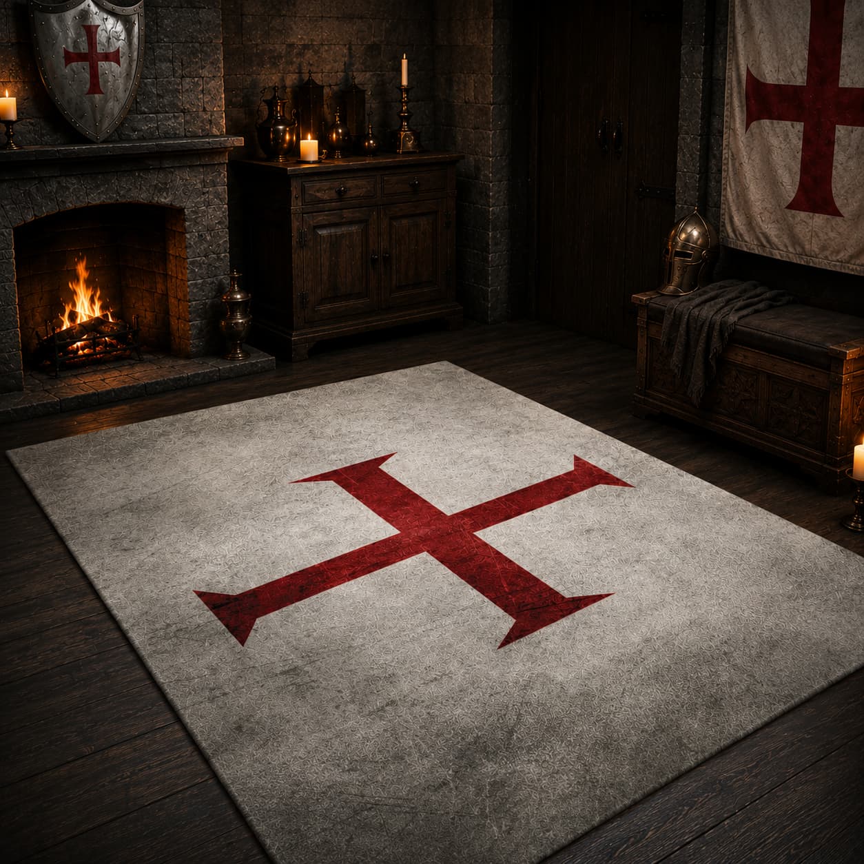 Tapis Croix Templier en flanelle douce avec croix rouge posé dans une pièce médiévale avec cheminée et coffre en bois.
