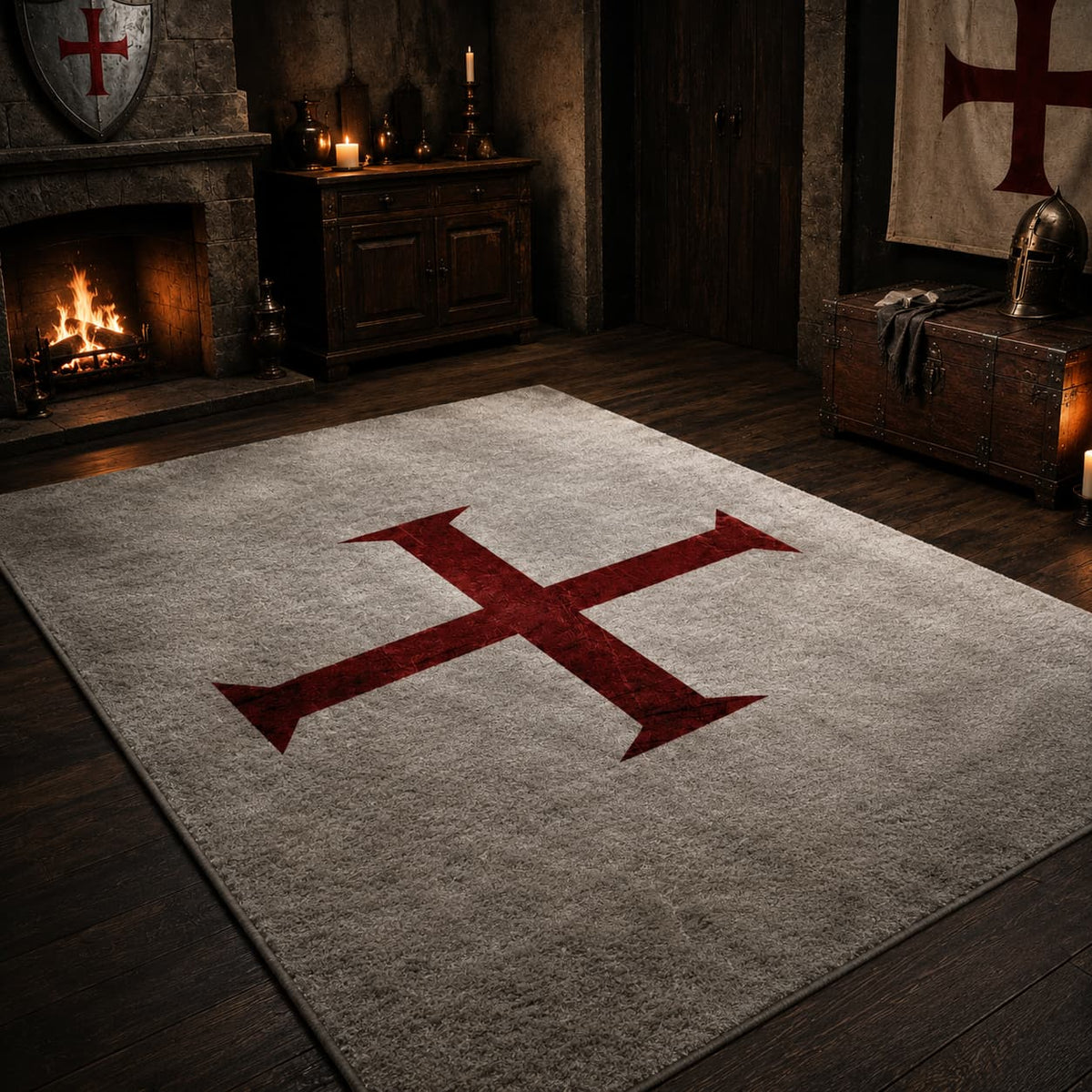 Tapis Croix Templier en flanelle douce avec croix rouge dans un intérieur médiéval sombre et premium.