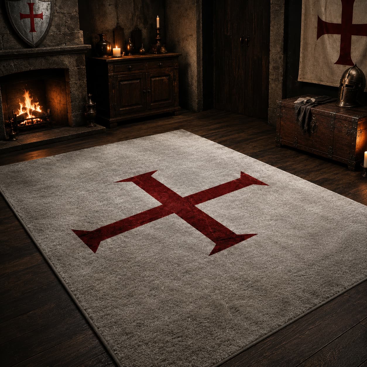Tapis Croix Templier en flanelle douce avec croix rouge dans un intérieur médiéval sombre et premium.