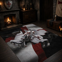Tapis Croix Templier en flanelle douce avec illustration de chevalier templier blanc et rouge dans un décor médiéval.