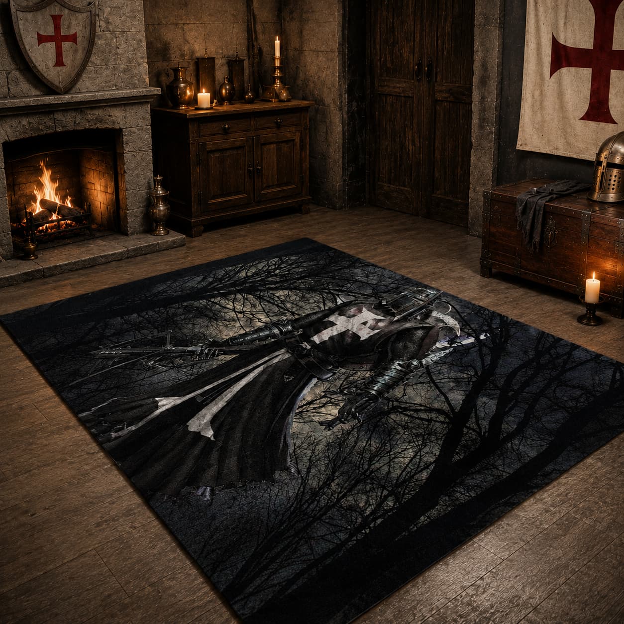Tapis Croix Templier en flanelle douce avec chevalier noir dans une ambiance médiévale sombre et réaliste.