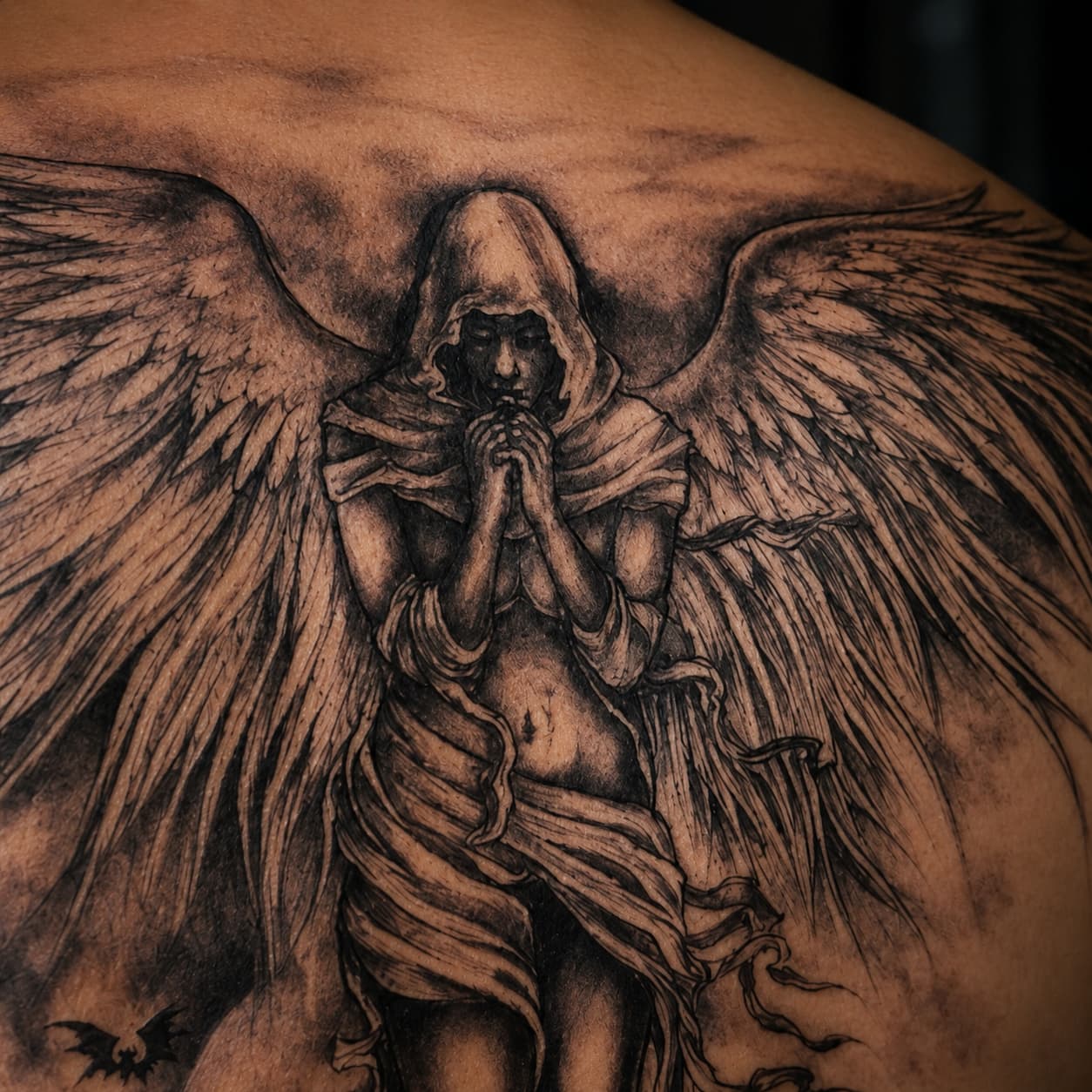 Gros plan du tatouage Ange Royal temporaire avec ange priant et ailes détaillées.