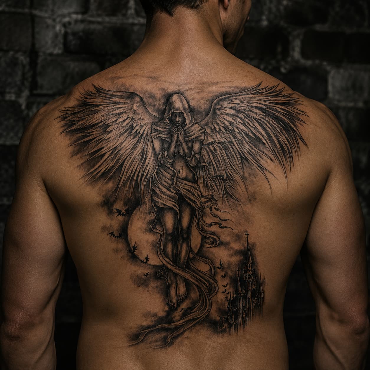 Tatouage Ange Royal temporaire porté par un homme dans une ambiance sombre et médiévale.