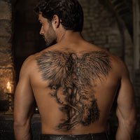 Tatouage Ange Royal temporaire porté sur un homme dans une ambiance médiévale premium.