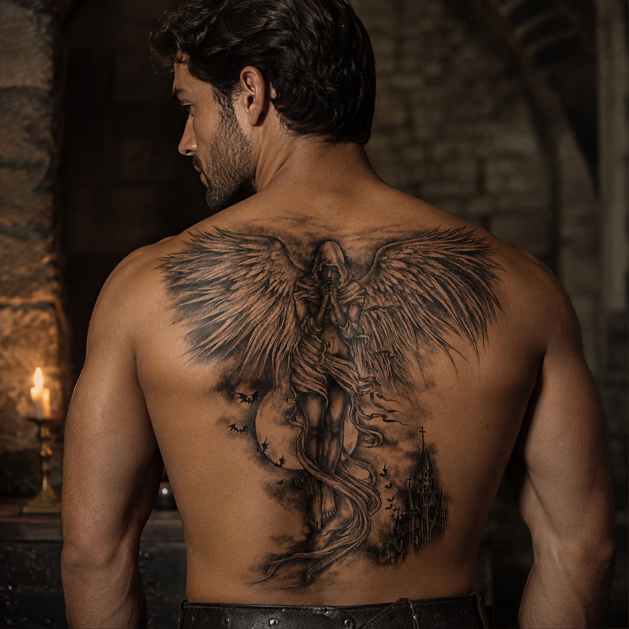 Tatouage Ange Royal temporaire porté sur un homme dans une ambiance médiévale premium.
