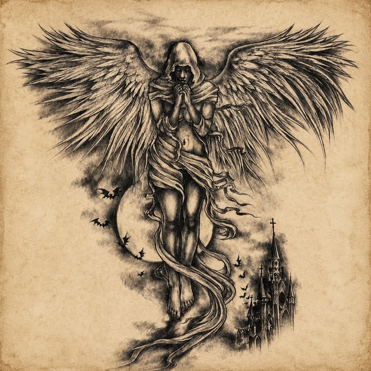 Tatouage Ange Royal temporaire représentant un ange ailé priant sur fond parchemin vieilli.