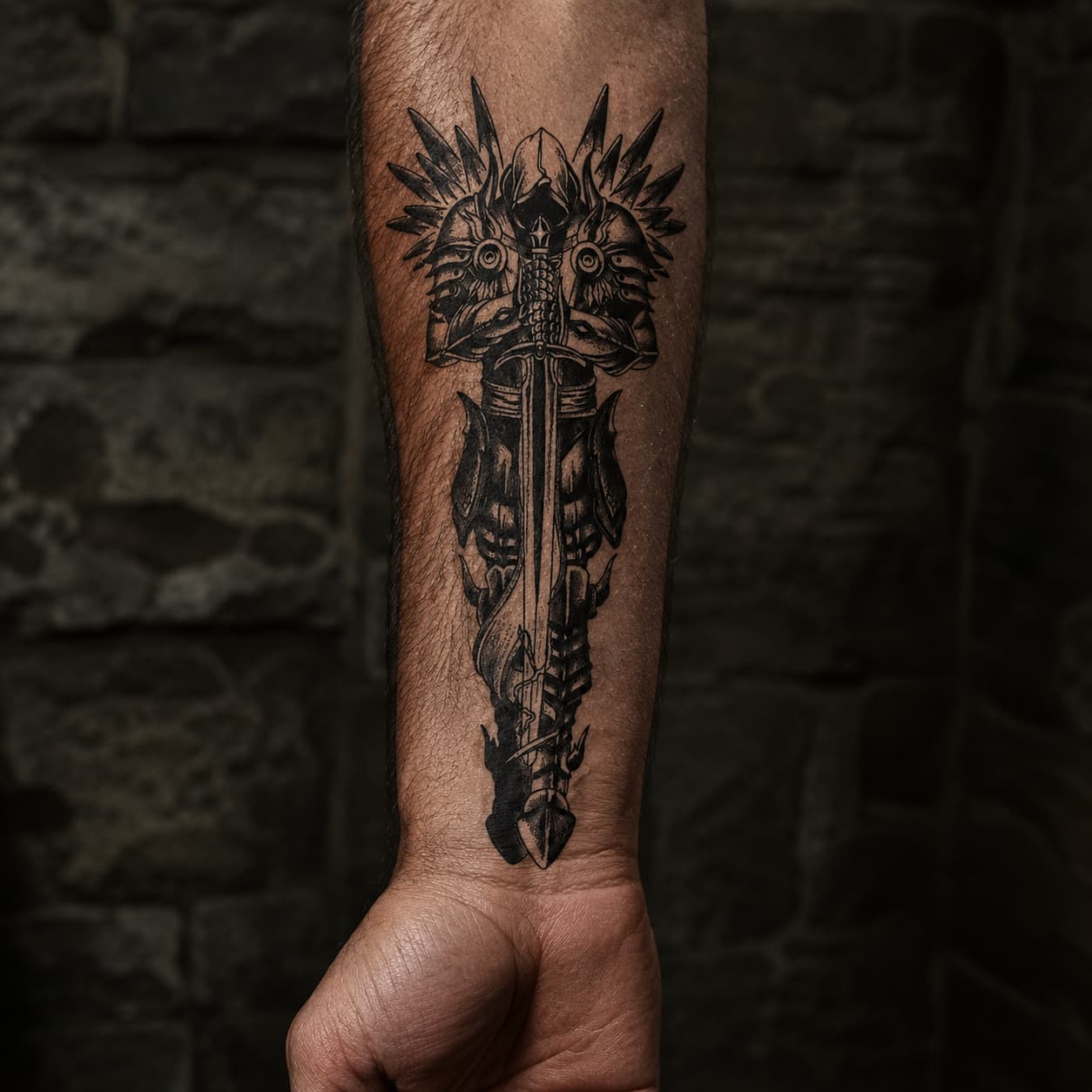 Tatouage Prière d’Archange appliqué sur l’avant-bras d’un homme avec fond de pierre sombre.