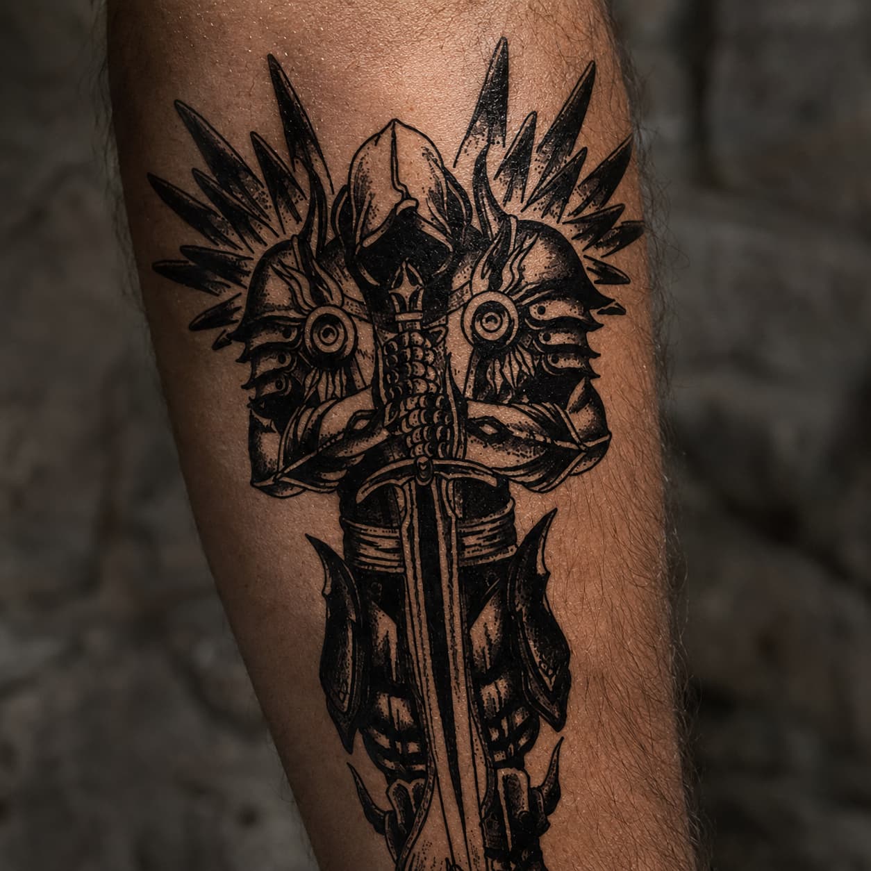 Gros plan du Tatouage Prière d’Archange montrant les détails de l’armure, du casque et de l’épée.
