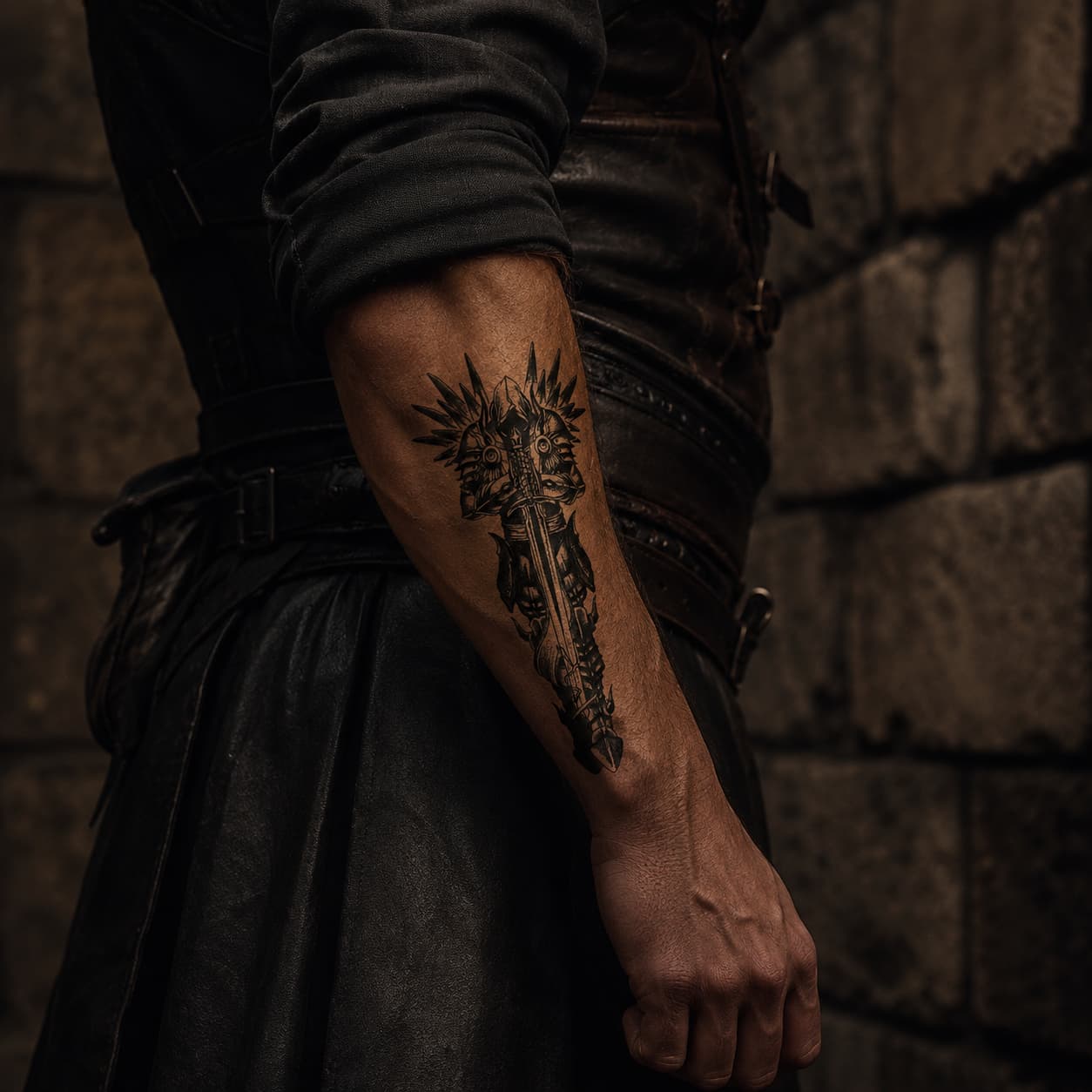 Tatouage Prière d’Archange porté sur l’avant-bras d’un homme en tenue sombre dans une ambiance médiévale.