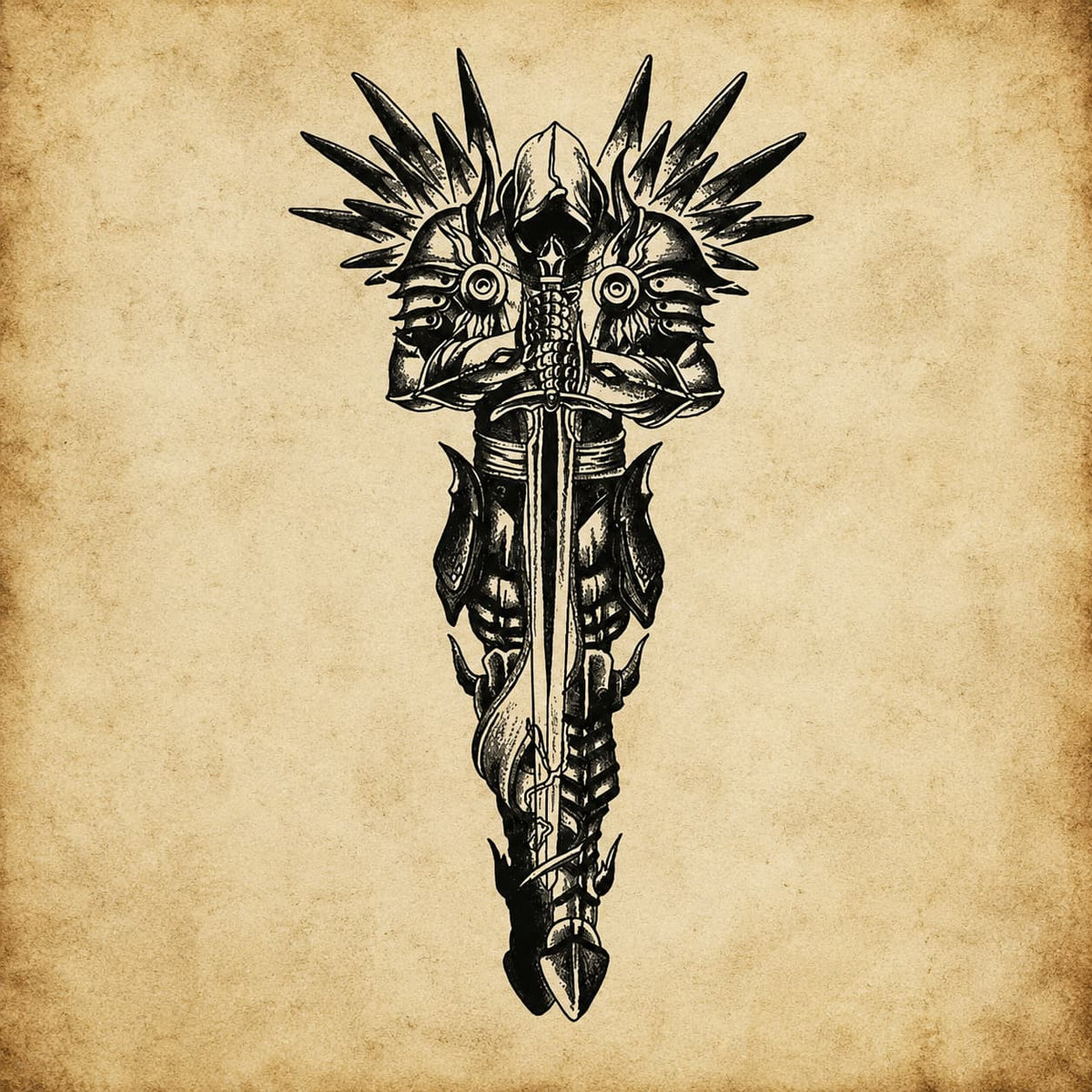 Tatouage Prière d’Archange avec motif noir de chevalier ailé et épée sur parchemin vieilli.