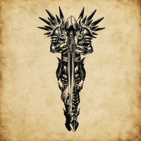Tatouage Prière d’Archange avec motif noir de chevalier ailé et épée sur parchemin vieilli.
