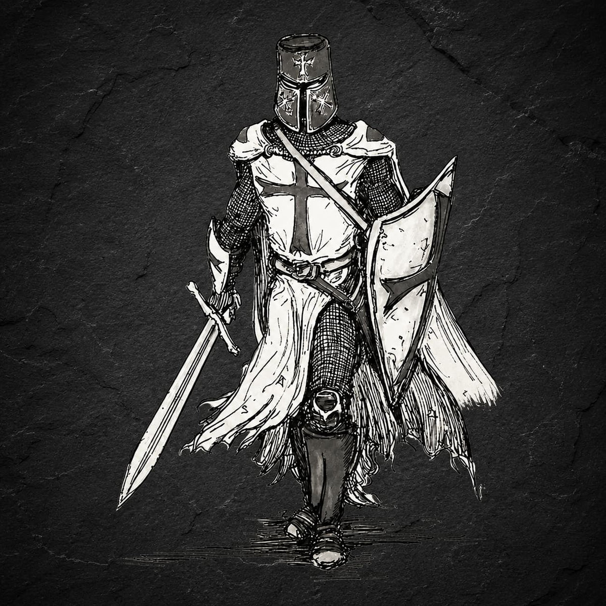 Motif du tatouage temporaire Chevalier Templier représentant un croisé médiéval sur fond sombre.