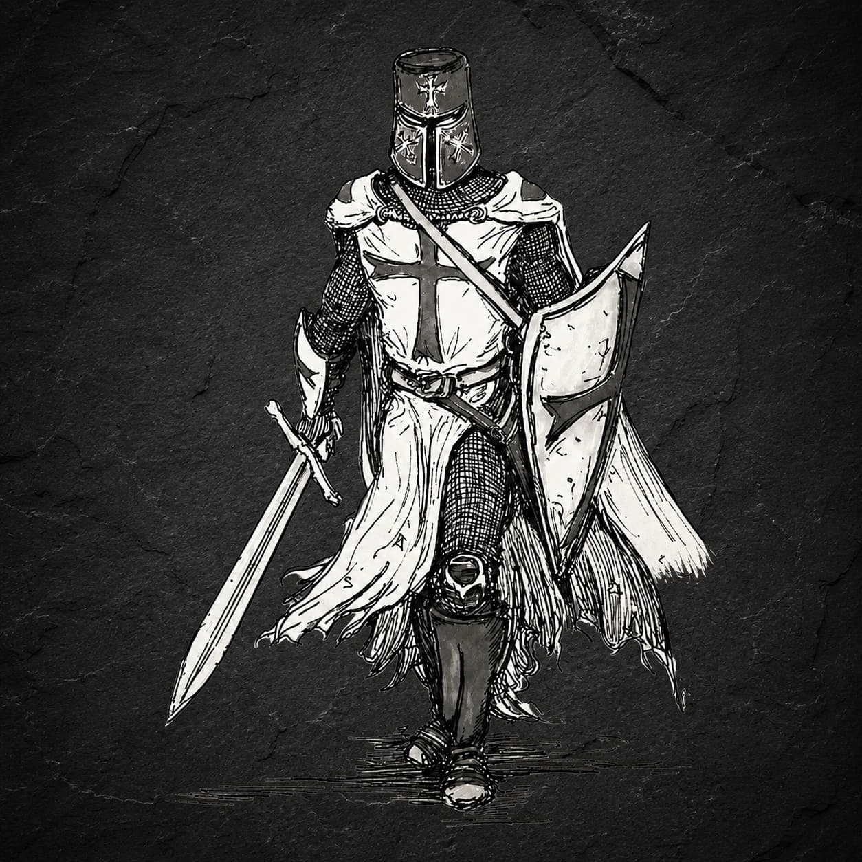 Motif du tatouage temporaire Chevalier Templier représentant un croisé médiéval sur fond sombre.