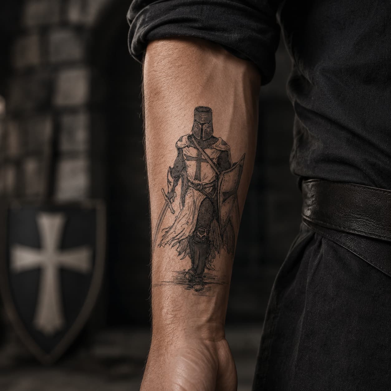 Tatouage temporaire Chevalier Templier appliqué sur le bras d’un homme dans un style médiéval réaliste.