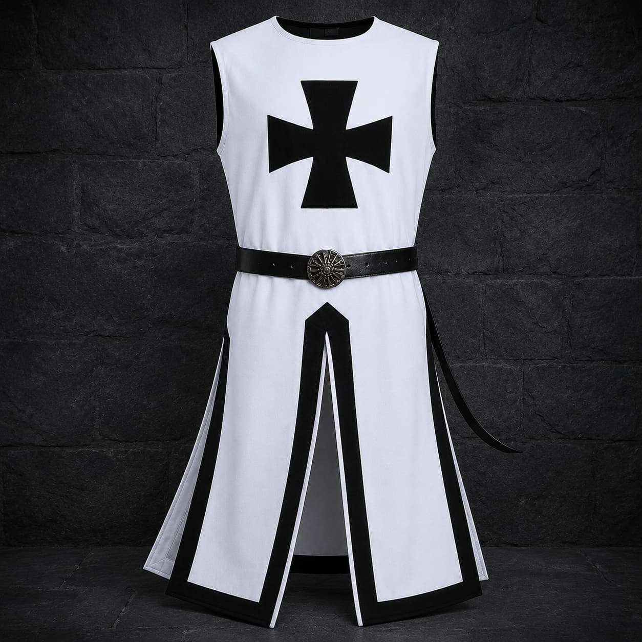 Variante blanche de la Tunique du Chevalier Templier en polyester avec croix noire et bordures noires.
