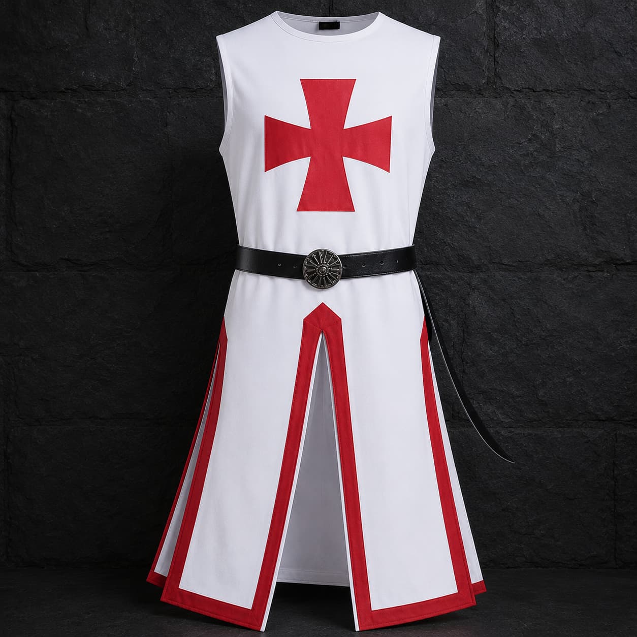 Variante blanche de la Tunique du Chevalier Templier en polyester avec croix rouge et ceinture noire.