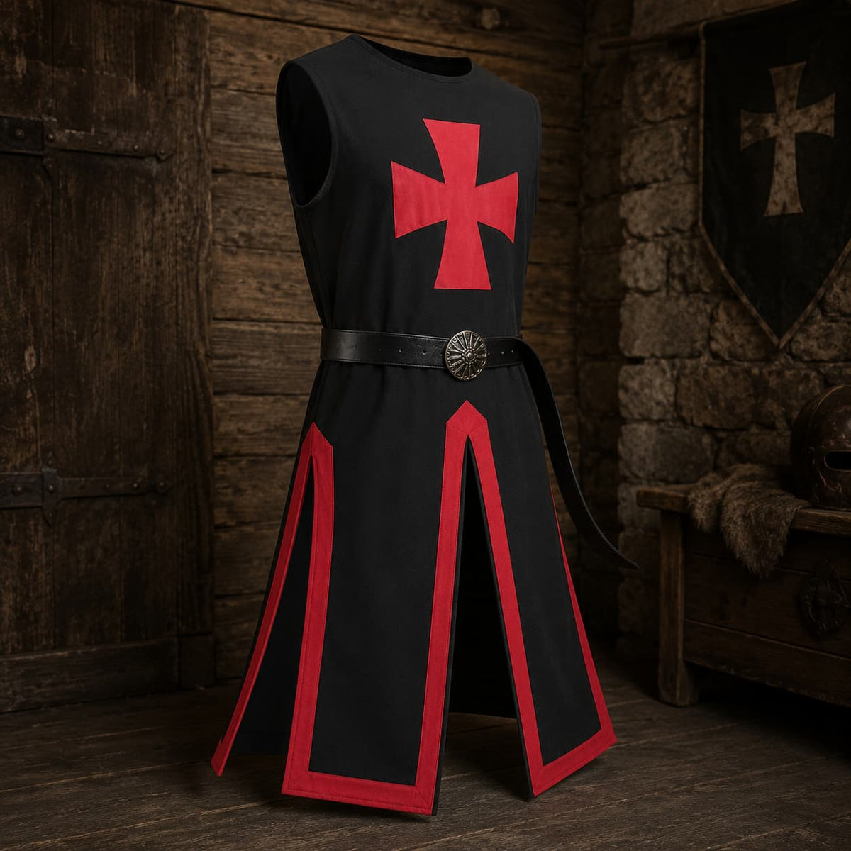 Tunique du Chevalier Templier en polyester noir avec croix rouge, présentée de face sur fond pierre claire.