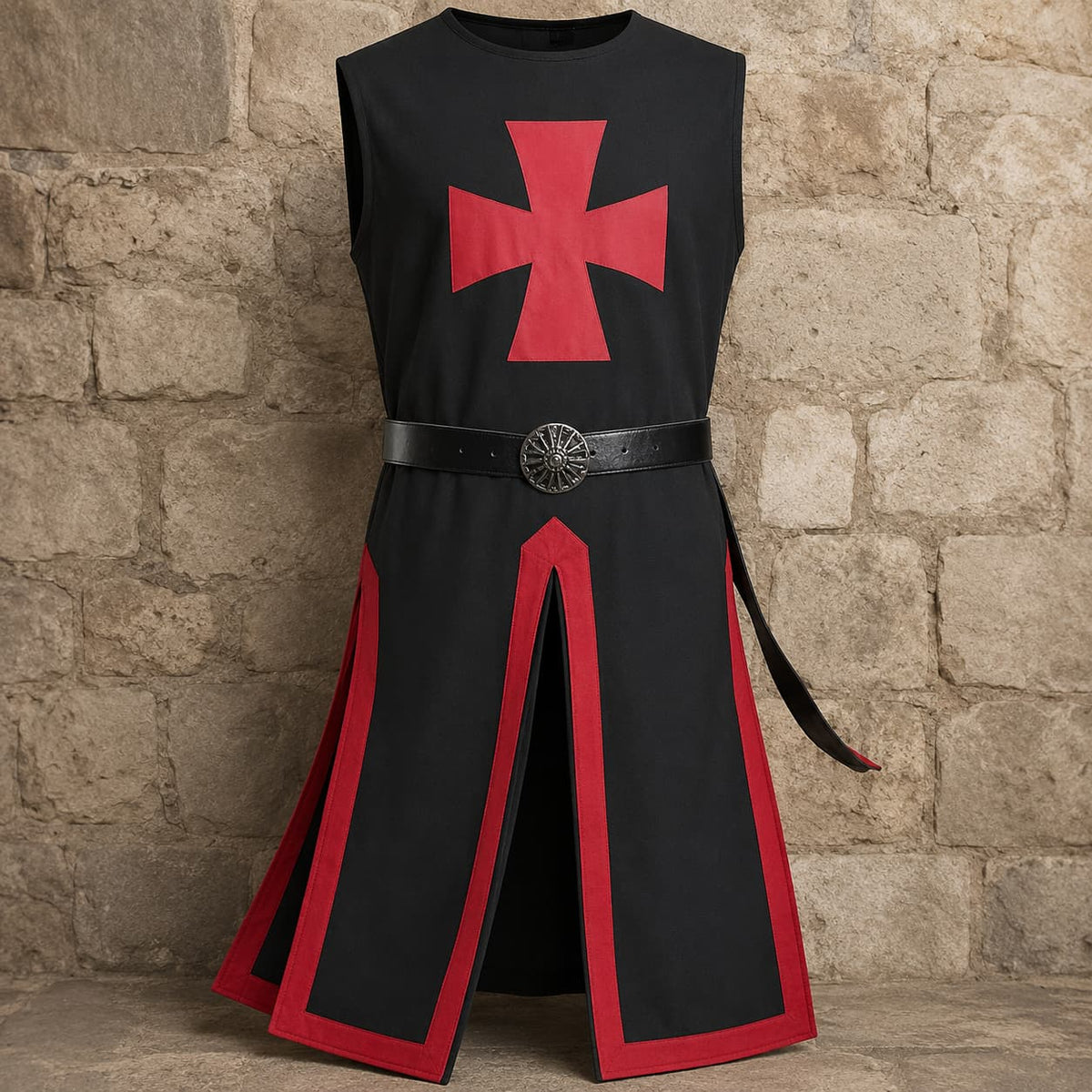 Tunique du Chevalier Templier en polyester noir avec croix rouge, vue en angle dans un décor médiéval en bois.