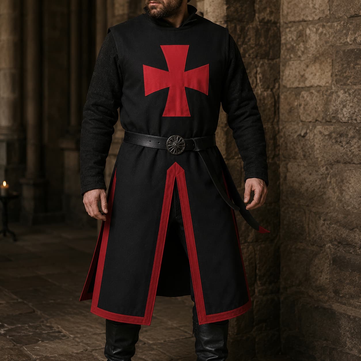 Tunique du Chevalier Templier en polyester noir portée par un homme dans un décor médiéval sombre.