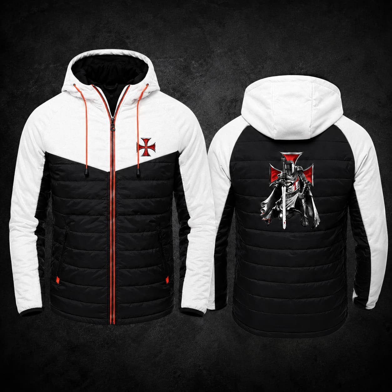 Veste Zippée Croix du Temple en polyester blanc et noir présentée de face et de dos sur fond sombre.