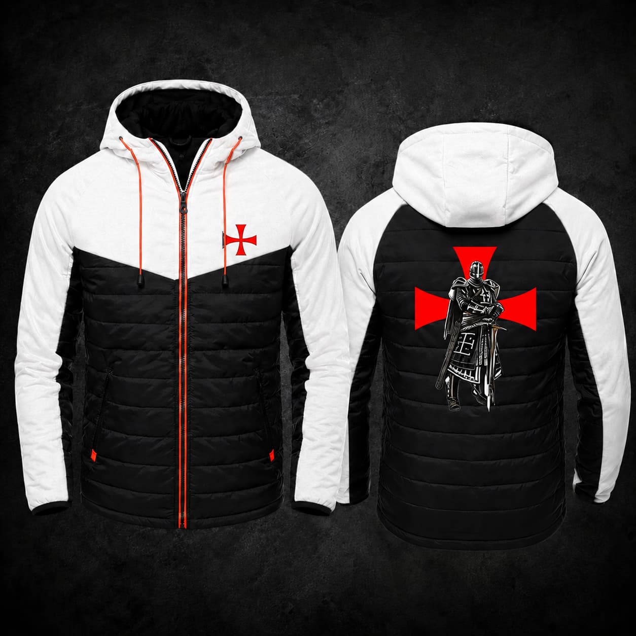 Variante blanc et noir de la Veste Zippée Croix du Temple avec croix rouge sur la poitrine et motif chevalier au dos.