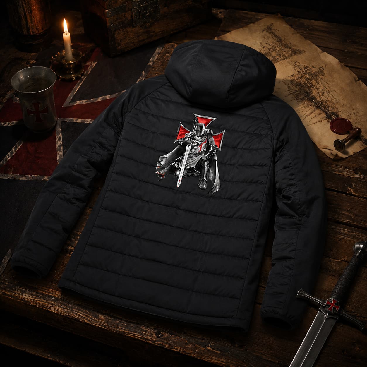Veste Zippée Croix du Temple noire posée sur une table médiévale avec motif chevalier au dos.