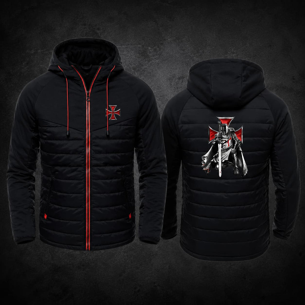 Veste Zippée Croix du Temple en polyester noir présentée de face et de dos sur fond sombre médiéval.